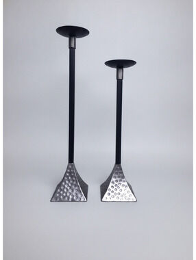 Brutalist Style Pair of Black Metal 18", 15" Candlesticks with Hammered Bases